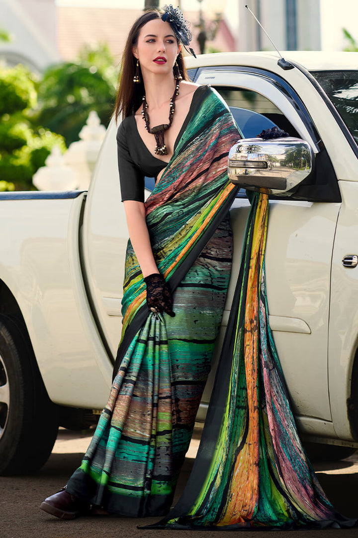 Rifle Green Printed Satin Crepe Silk Saree