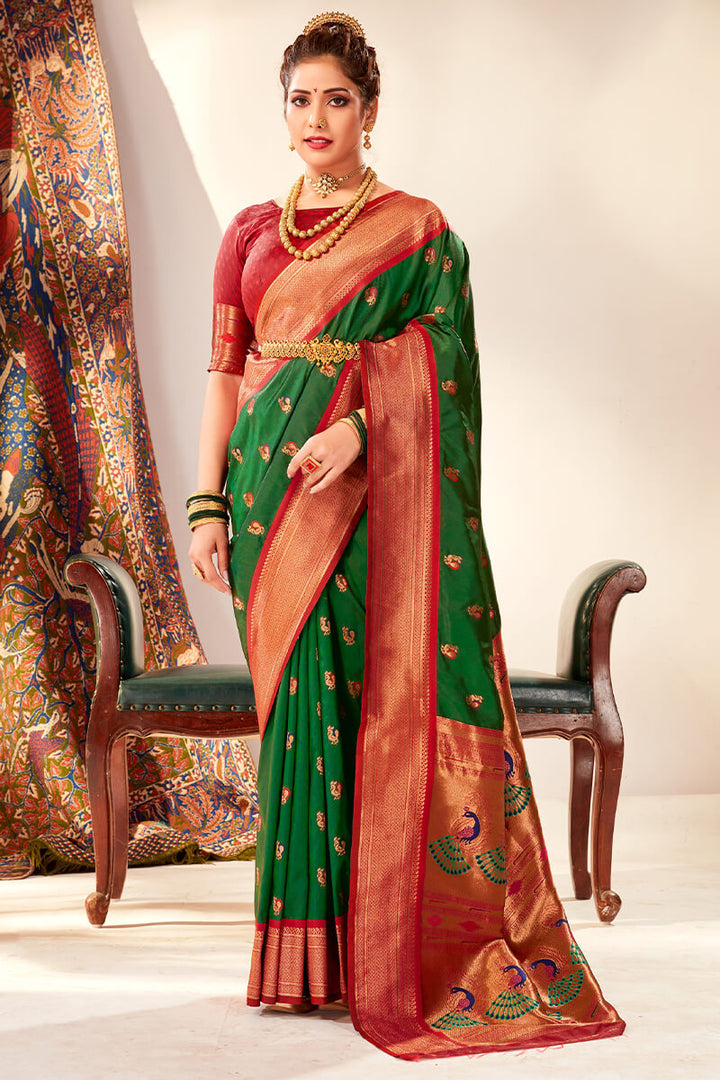 Rifle Green Zari Woven Paithani Silk Saree