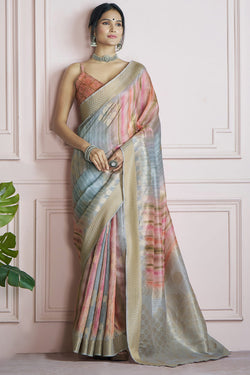 Rock Blue Digital Printed Khadi Silk Saree