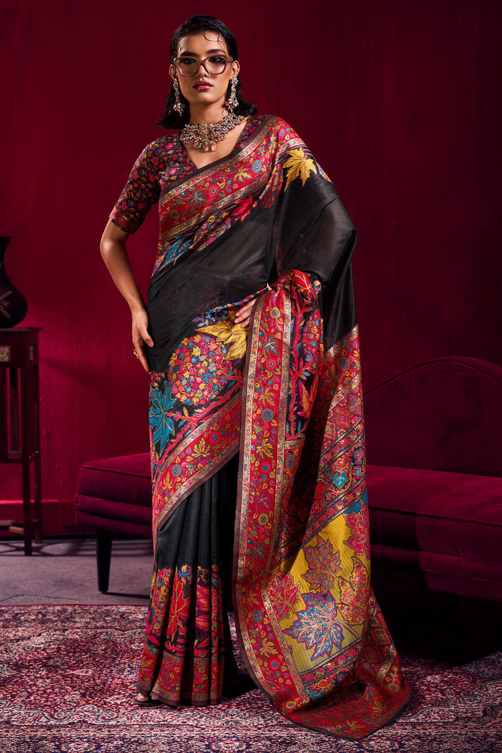 Rodeo Black Kashmiri Modal Pashmina Silk Saree