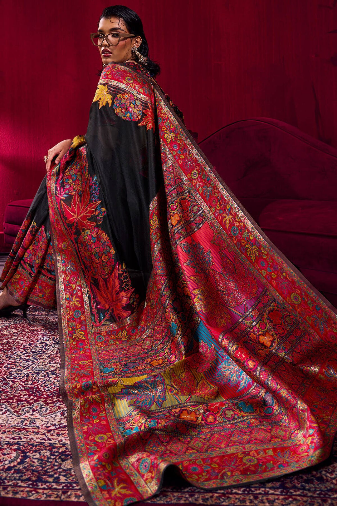 Rodeo Black Kashmiri Modal Pashmina Silk Saree
