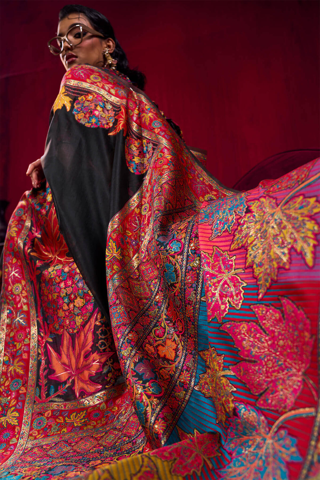 Rodeo Black Kashmiri Modal Pashmina Silk Saree