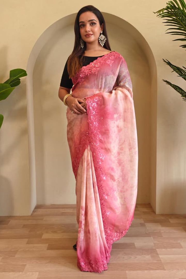 Rose Pink Embroidery and Printed Organza Silk Saree
