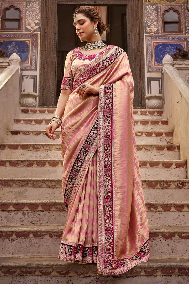 Rose Pink Hand Work Viscose Saree with Stiched Blouse