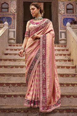 Rose Pink Hand Work Viscose Saree with Stiched Blouse