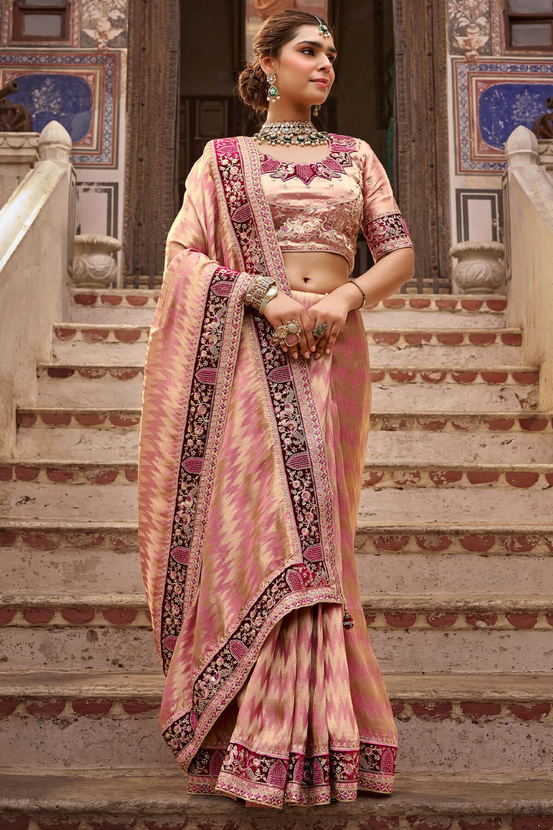 Rose Pink Hand Work Viscose Saree with Stiched Blouse