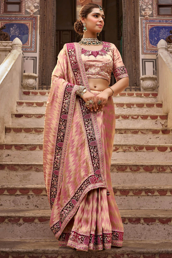 Rose Pink Hand Work Viscose Saree with Stiched Blouse