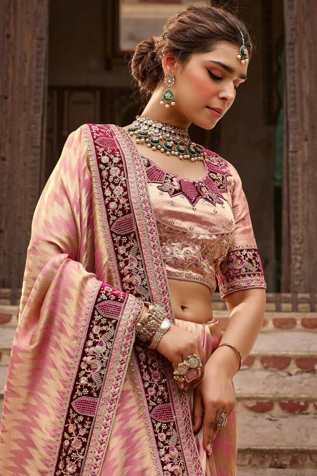 Rose Pink Hand Work Viscose Saree with Stiched Blouse