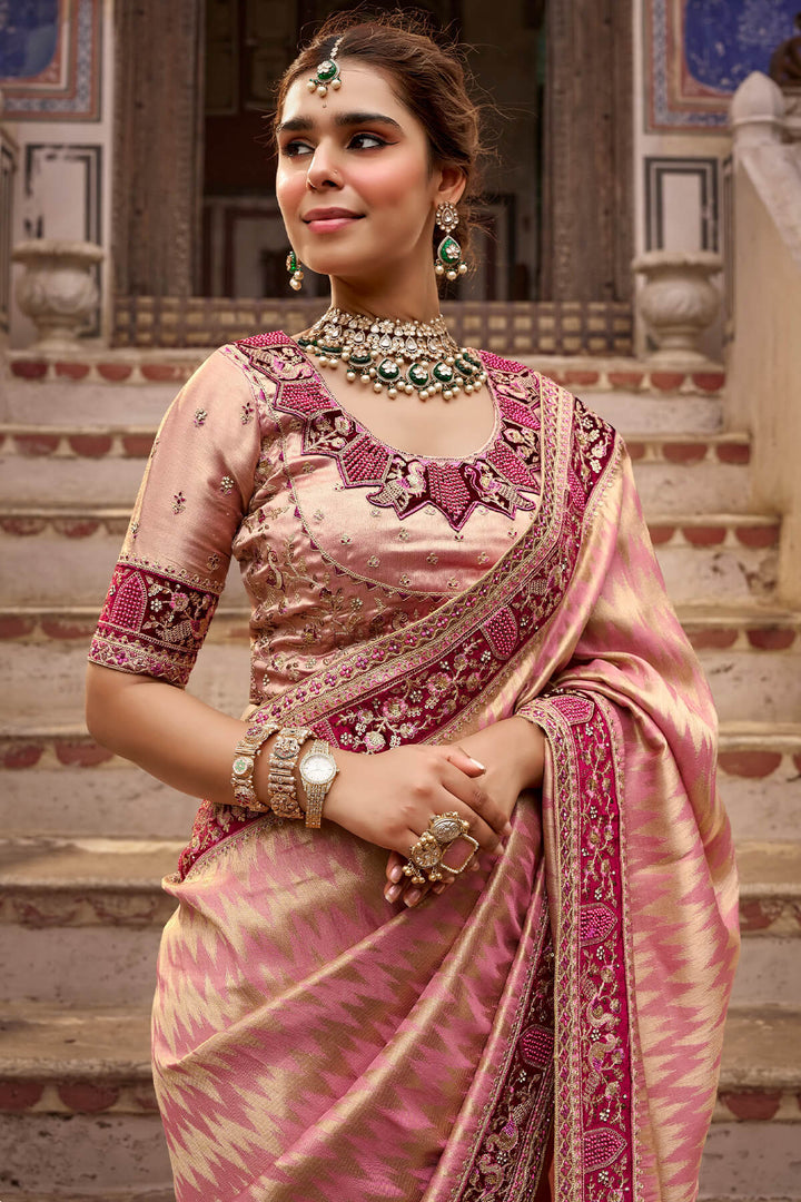 Rose Pink Hand Work Viscose Saree with Stiched Blouse