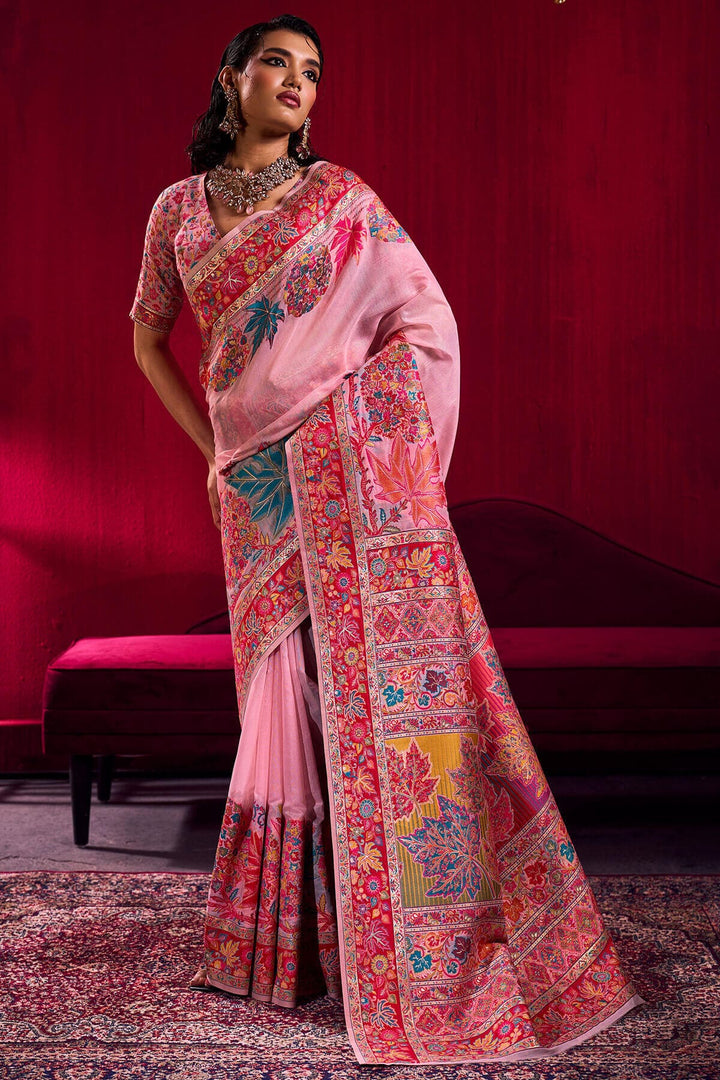 Rose Pink Kashmiri Modal Pashmina Silk Saree