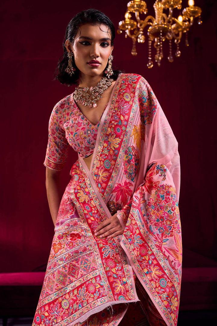 Rose Pink Kashmiri Modal Pashmina Silk Saree