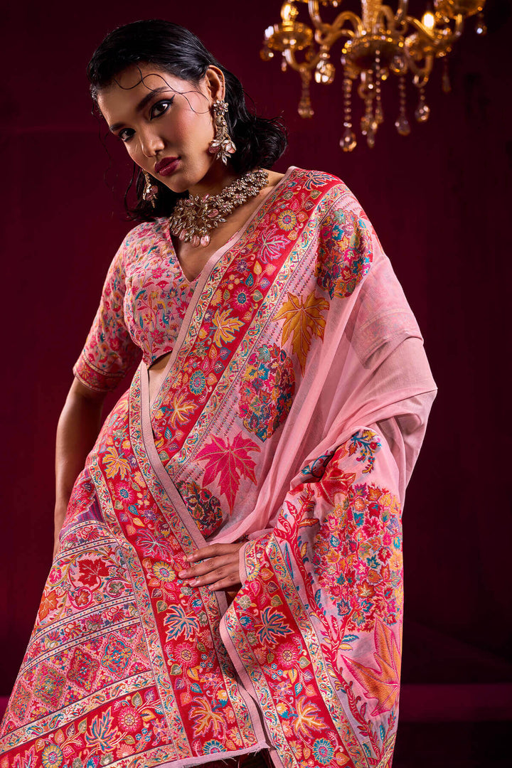 Rose Pink Kashmiri Modal Pashmina Silk Saree
