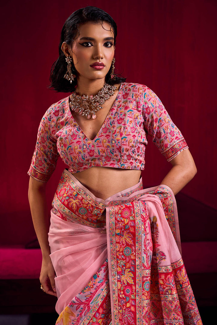 Rose Pink Kashmiri Modal Pashmina Silk Saree