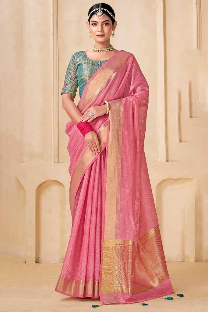 Rose Pink Viscose Spun Saree with Embroidery Blouse Piece