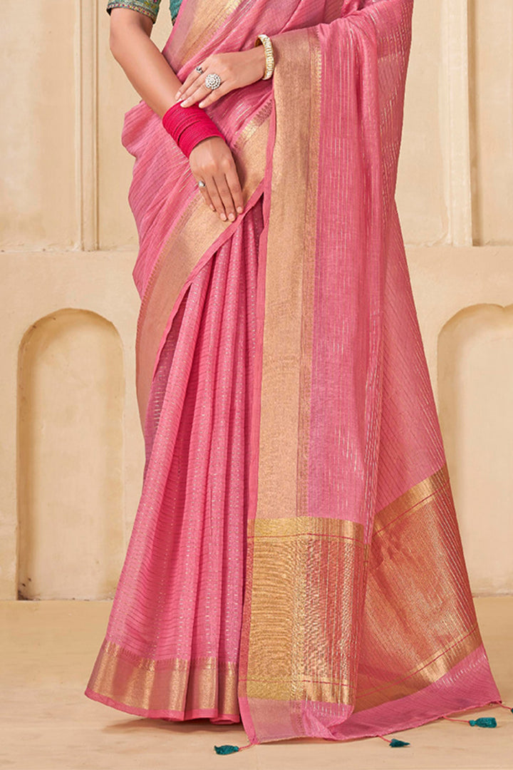 Rose Pink Viscose Spun Saree with Embroidery Blouse Piece