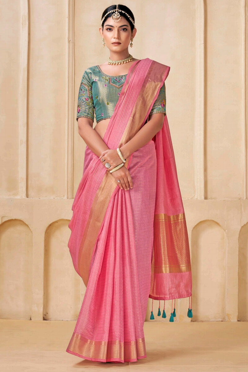 Rose Pink Viscose Spun Saree with Embroidery Blouse Piece