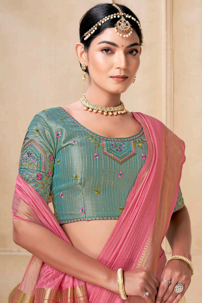 Rose Pink Viscose Spun Saree with Embroidery Blouse Piece
