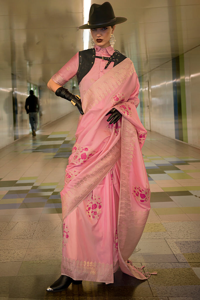 Rose Pink Zari woven Banarasi Katan Silk Saree