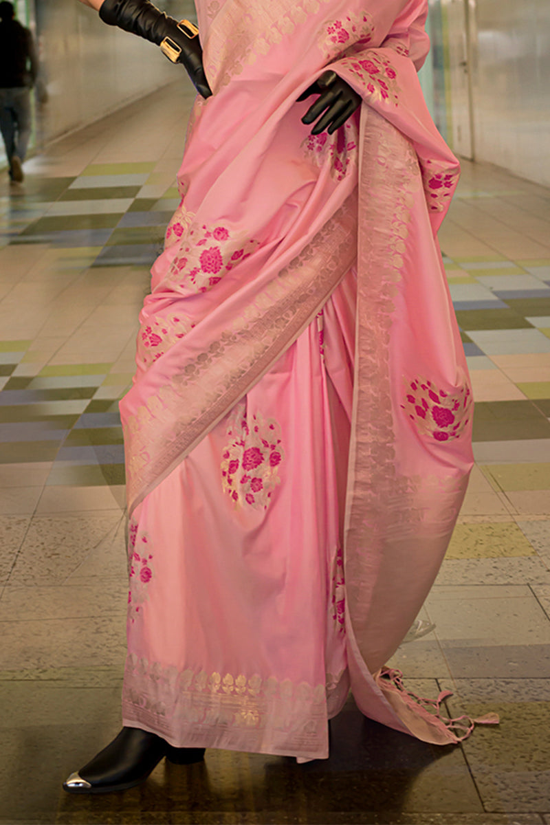 Rose Pink Zari woven Banarasi Katan Silk Saree