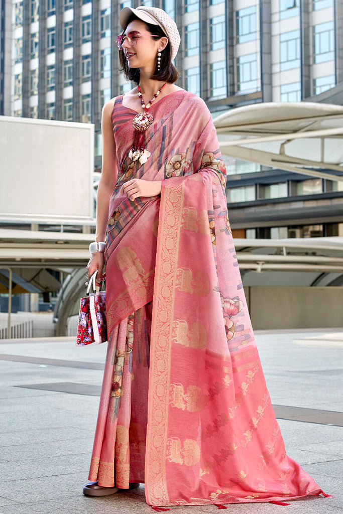 Rose Pink Zari Woven Printed Soft Silk Saree