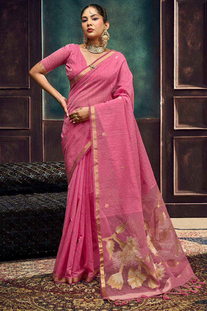 Rose Pink Zari Woven Pure Munga Cotton saree
