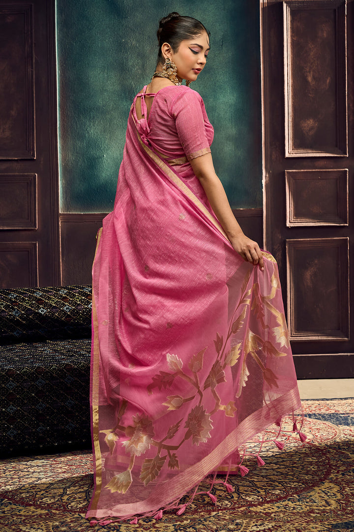 Rose Pink Zari Woven Pure Munga Cotton saree