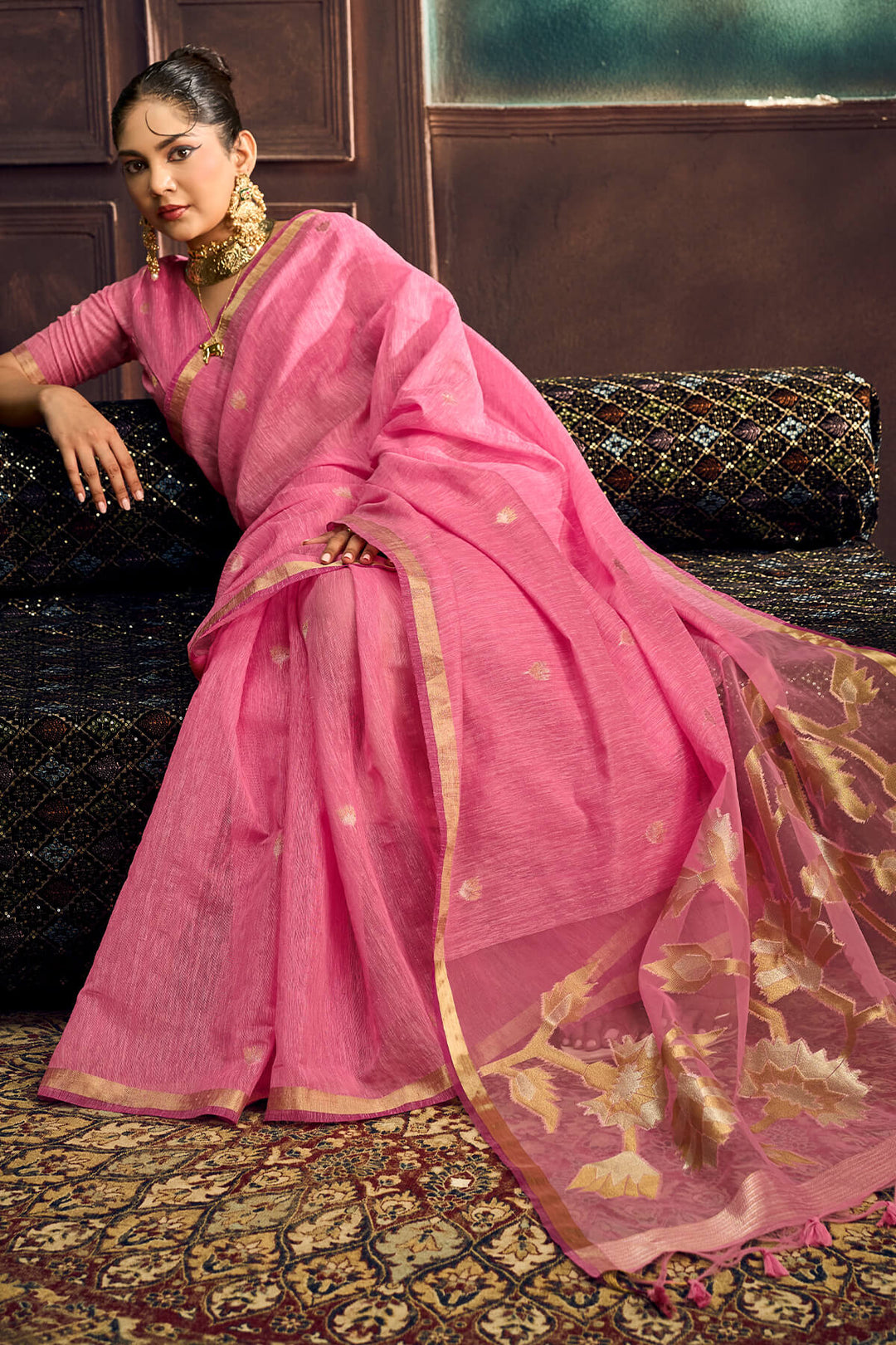 Rose Pink Zari Woven Pure Munga Cotton saree