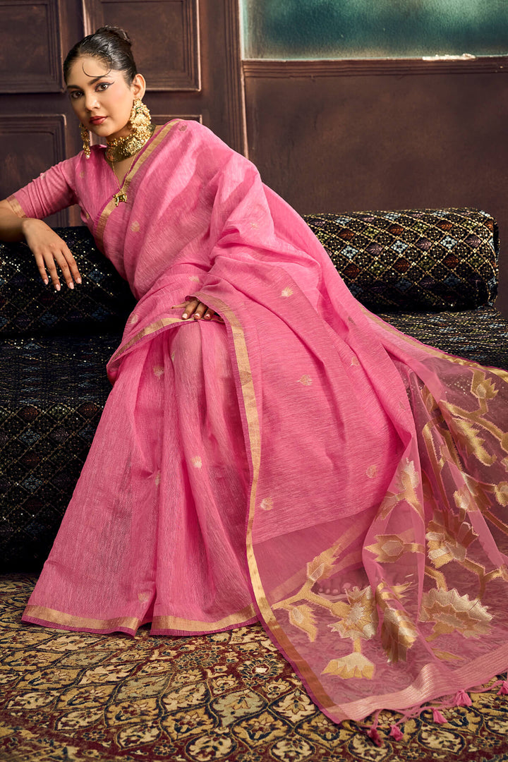 Rose Pink Zari Woven Pure Munga Cotton saree
