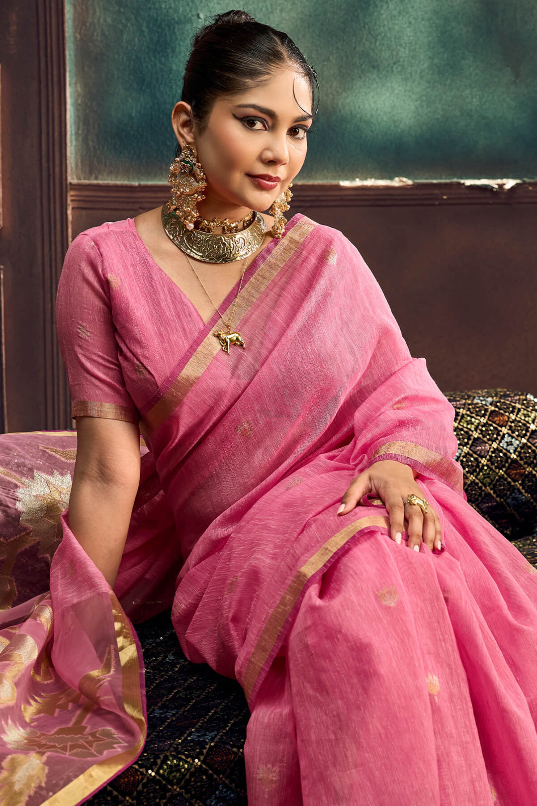 Rose Pink Zari Woven Pure Munga Cotton saree