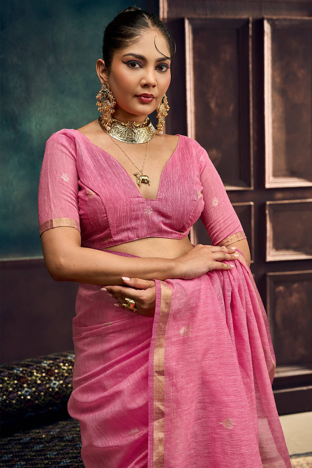 Rose Pink Zari Woven Pure Munga Cotton saree