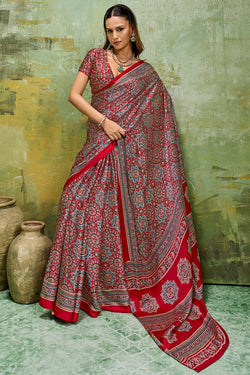 Rose Red Ajrakh Printed Semi Modal Satin Silk Saree