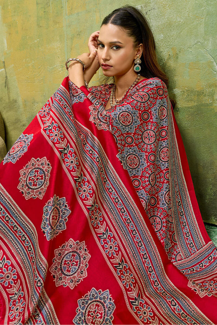 Rose Red Ajrakh Printed Semi Modal Satin Silk Saree