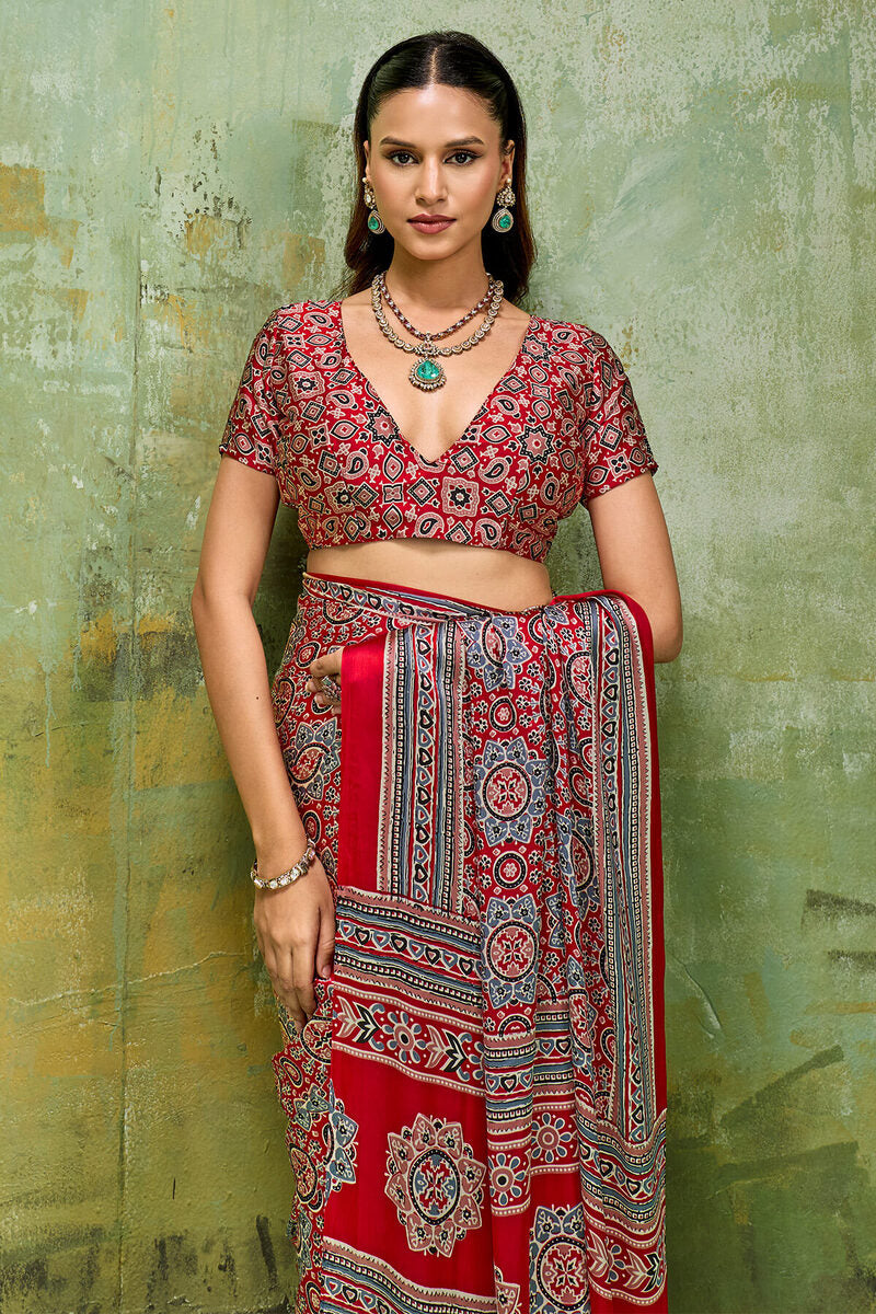Rose Red Ajrakh Printed Semi Modal Satin Silk Saree