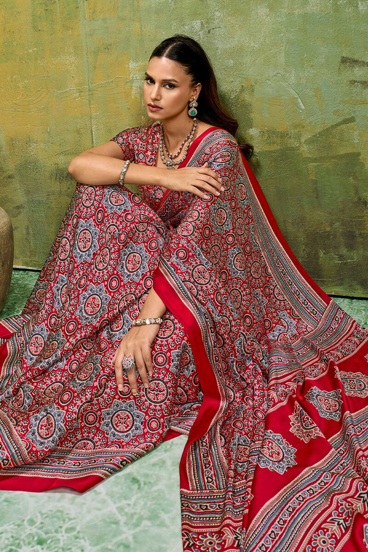 Rose Red Ajrakh Printed Semi Modal Satin Silk Saree