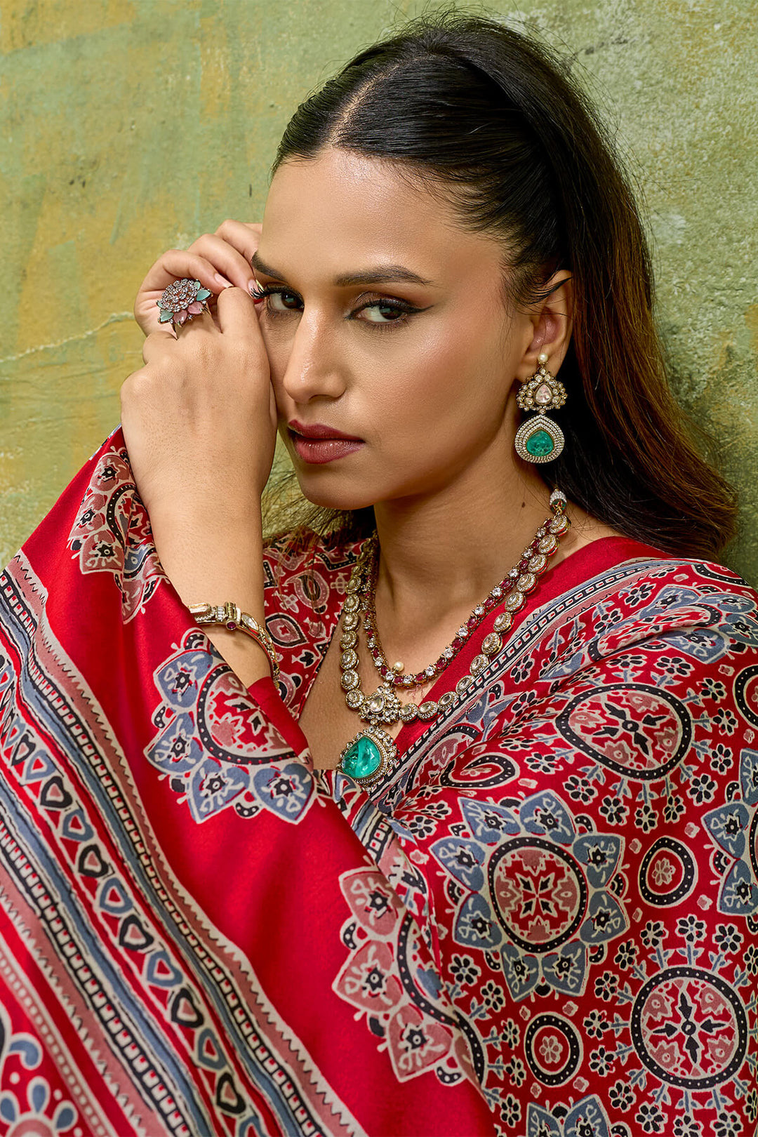 Rose Red Ajrakh Printed Semi Modal Satin Silk Saree