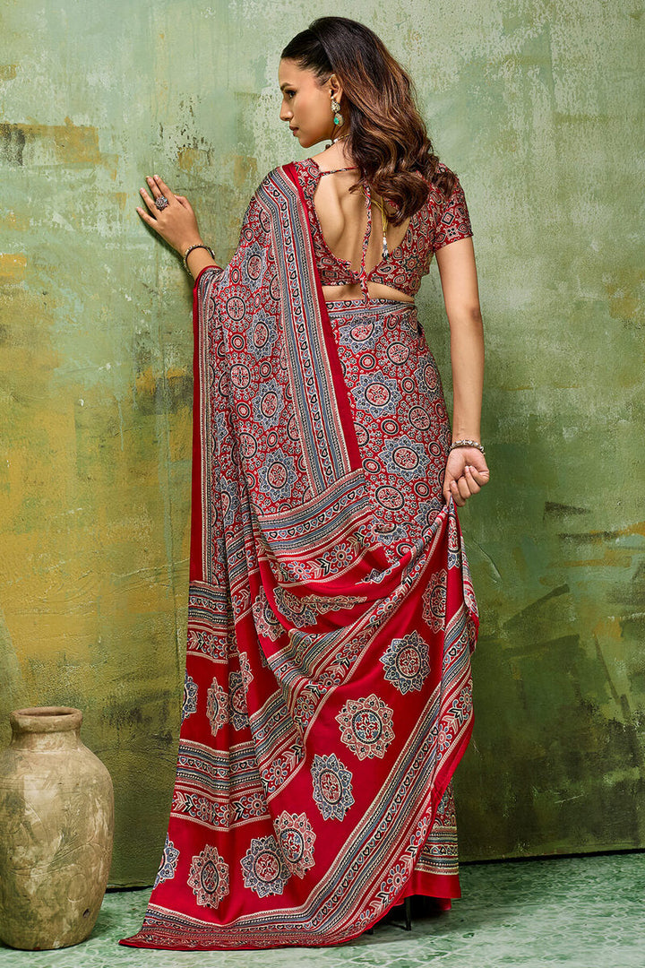 Rose Red Ajrakh Printed Semi Modal Satin Silk Saree