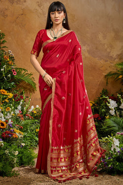 Rose Red Banarasi Tussar Silk Saree