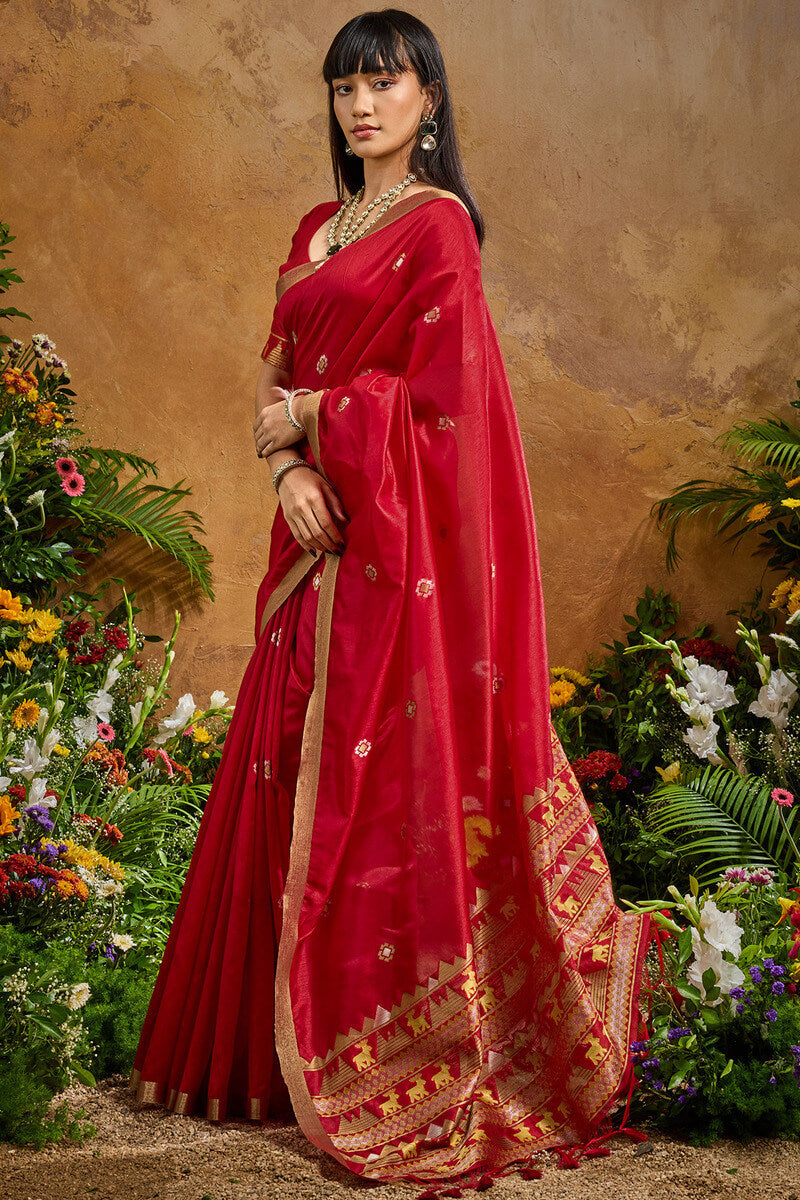 Rose Red Banarasi Tussar Silk Saree