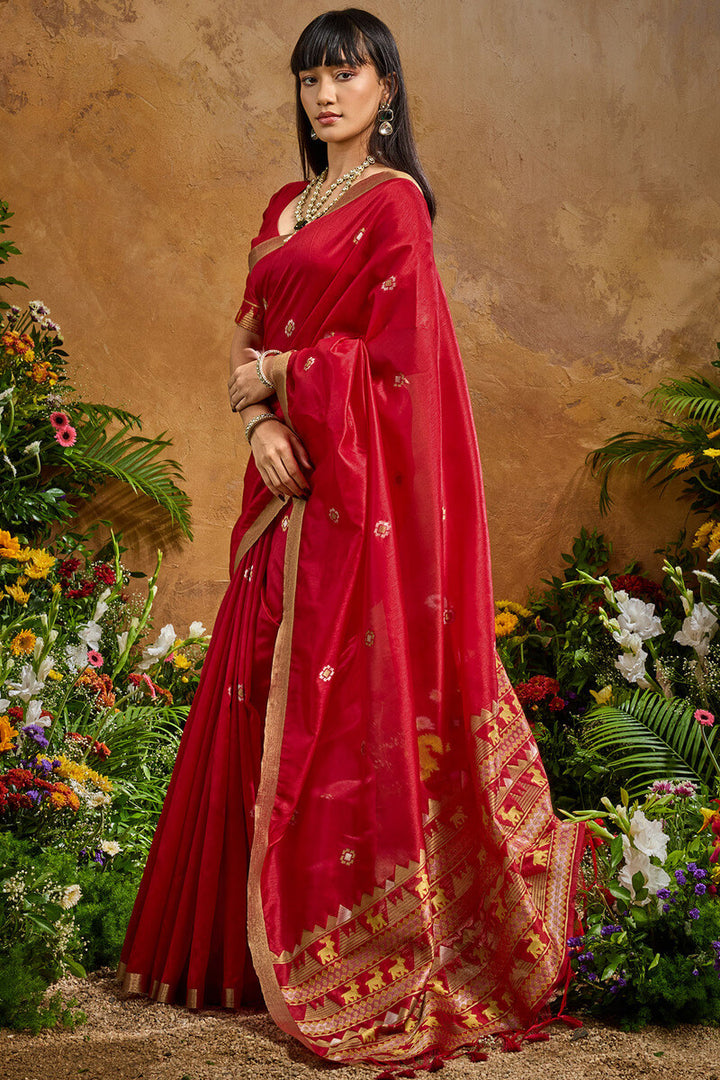 Rose Red Banarasi Tussar Silk Saree