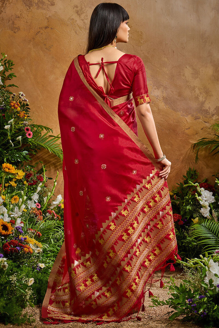 Rose Red Banarasi Tussar Silk Saree
