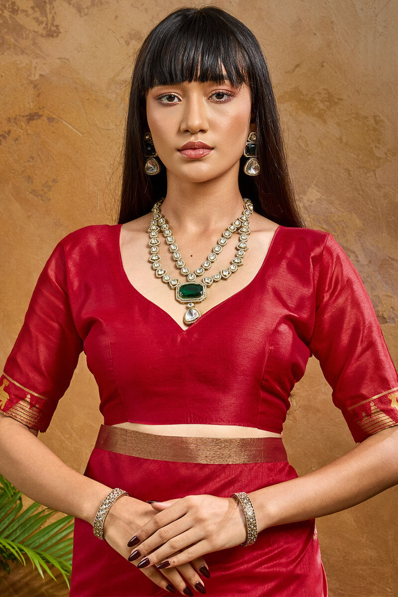 Rose Red Banarasi Tussar Silk Saree