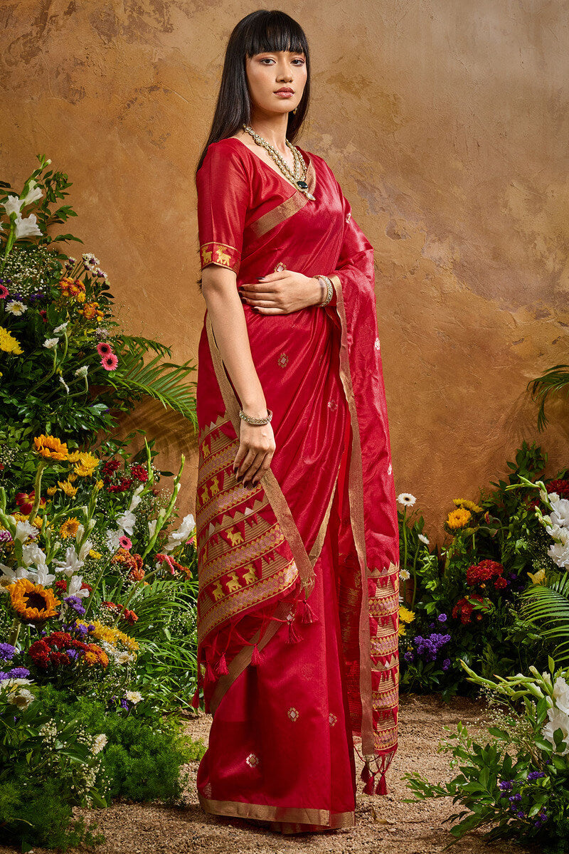 Rose Red Banarasi Tussar Silk Saree