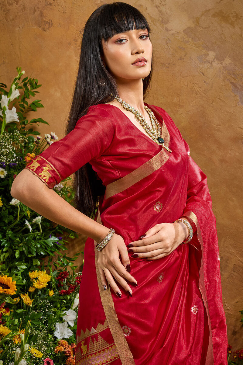 Rose Red Banarasi Tussar Silk Saree