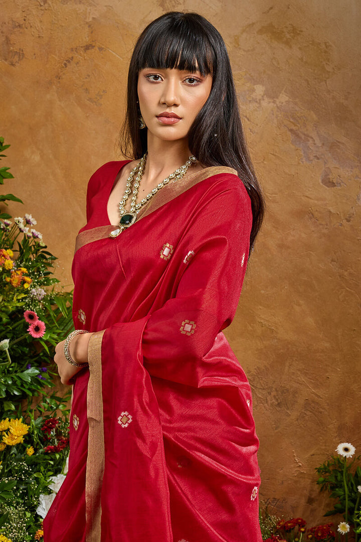 Rose Red Banarasi Tussar Silk Saree