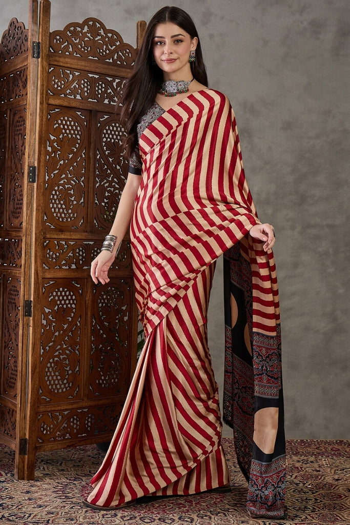 Rose Red Stripe Ajrakh Printed Satin Silk Saree