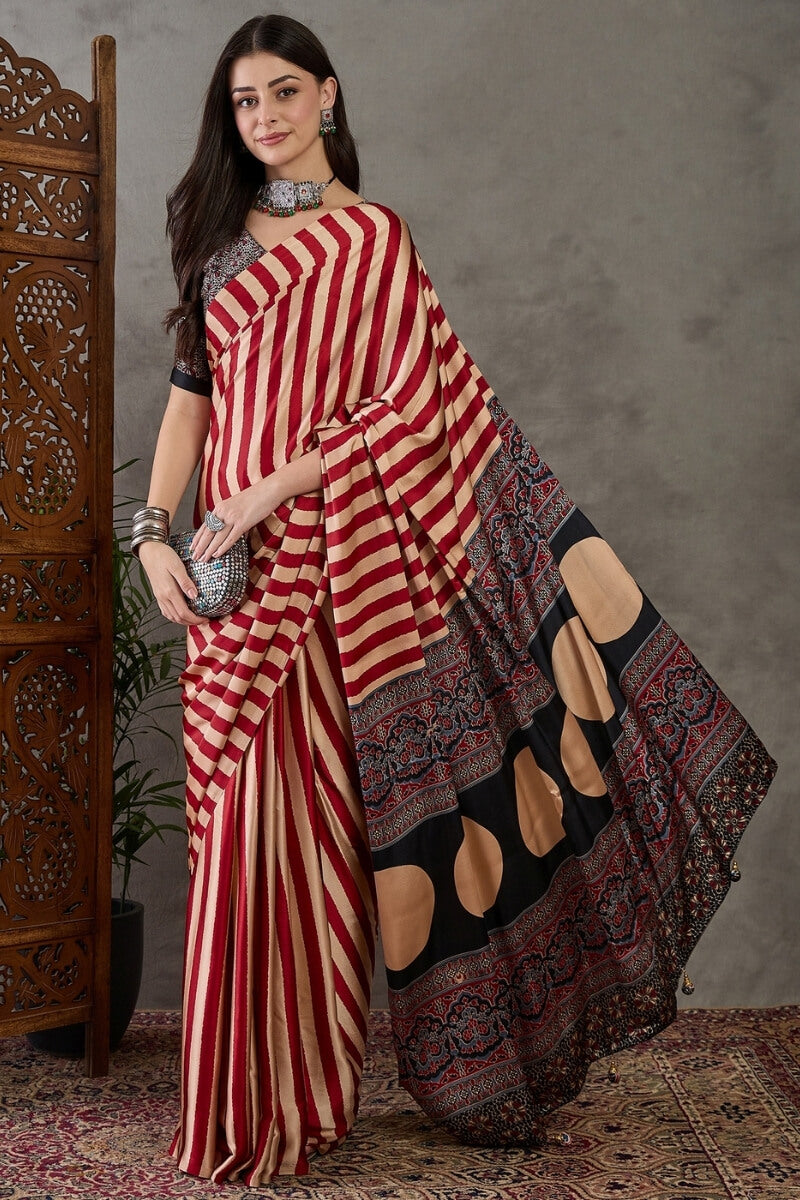 Rose Red Stripe Ajrakh Printed Satin Silk Saree