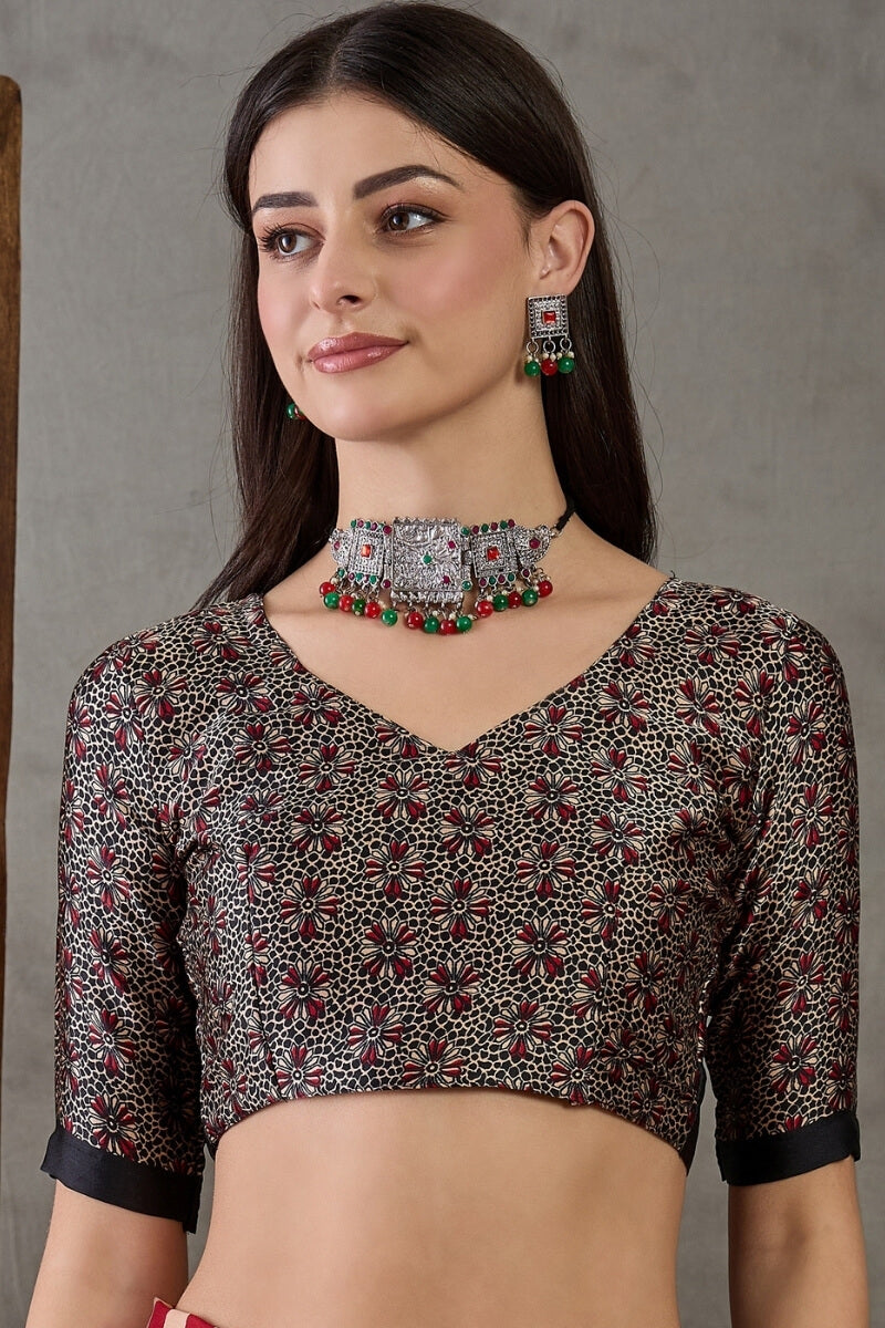 Rose Red Stripe Ajrakh Printed Satin Silk Saree