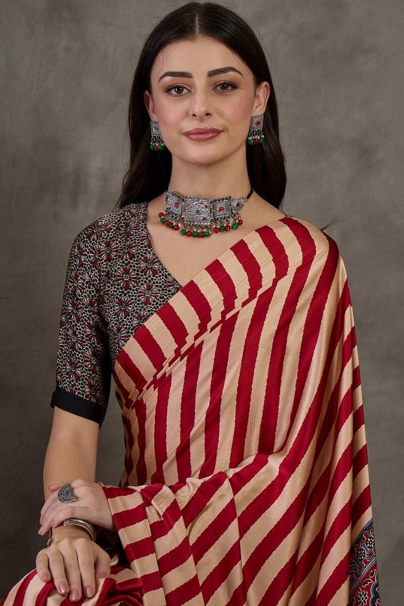 Rose Red Stripe Ajrakh Printed Satin Silk Saree