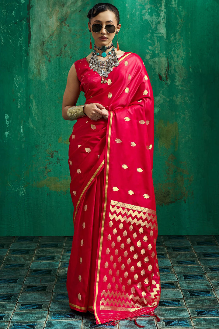 Rose Red Zari woven Banarasi Satin silk saree