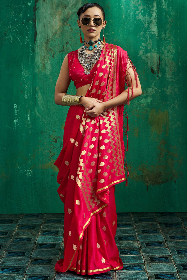 Rose Red Zari woven Banarasi Satin silk saree